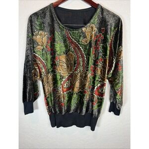 Vintage 80s  Women's Black Batwing Floral Glitter Velvet Blouse, S